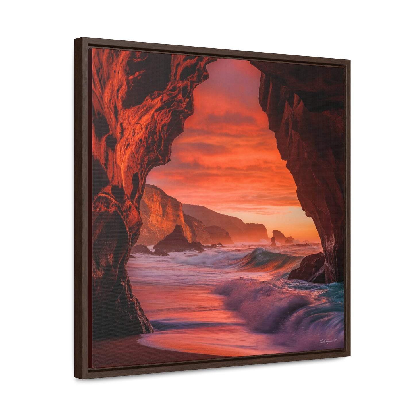 Ocean Beach Sunset Square Framed Canvas Wall Art, Coastal Gallery Canvas Wraps, Square Frame Decor, Beach Cave View Art Print Gift, Home - LOLA VEGAS ART