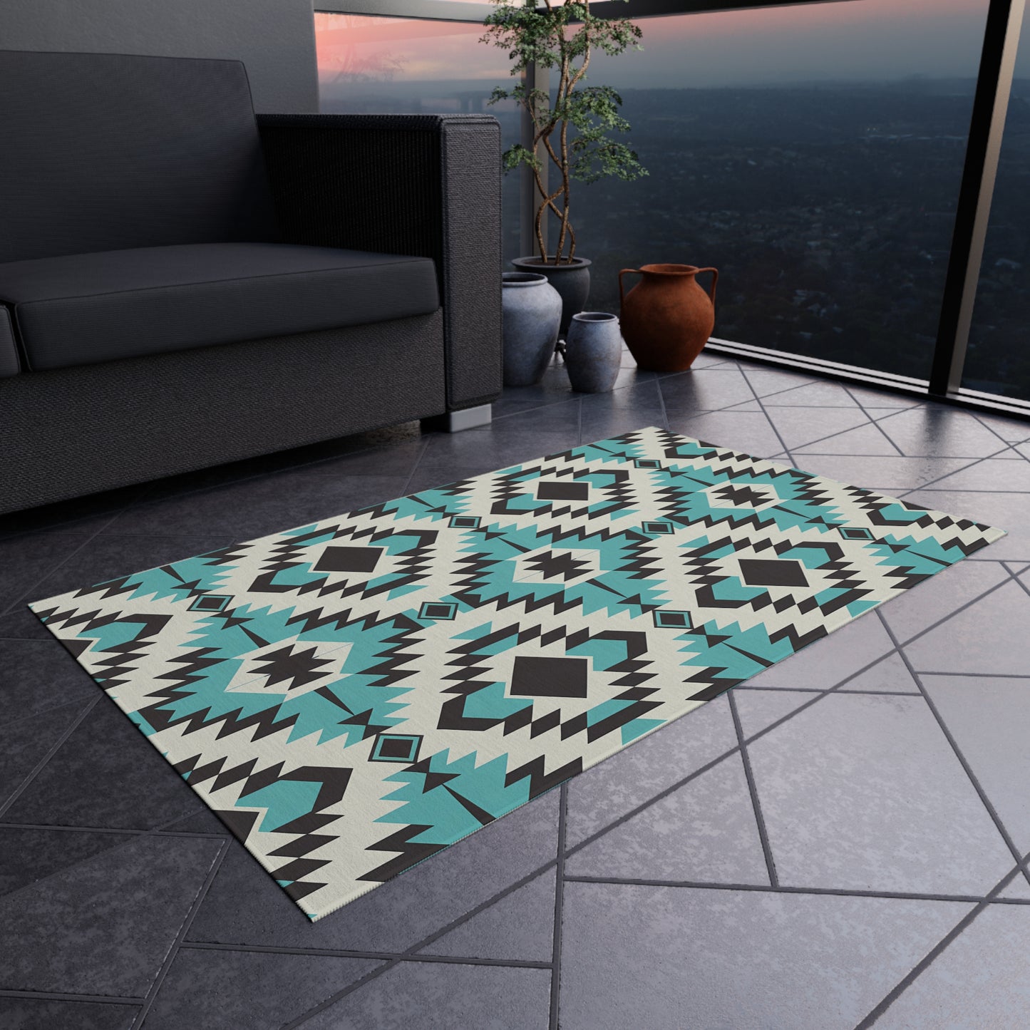 Turquoise, Black and White Stylish Outdoor Rug for Patios, Boho Decor, Area Mat, Deck Accessory, Indoor/Outdoor Use - LOLA VEGAS ART