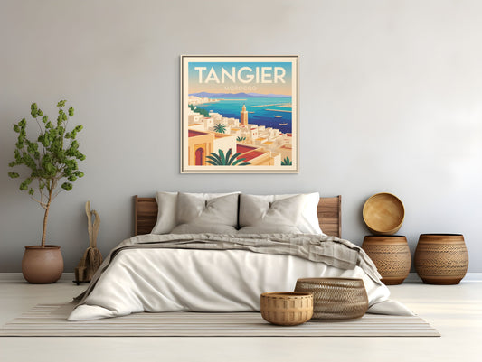 Tangier Morocco Travel Framed Wall Art Matte Canvas | Vintage Style Coastal Wall Art