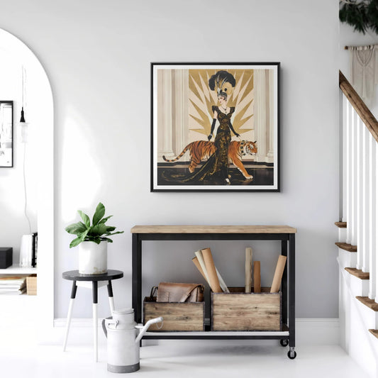 Art Deco Showgirl with Tiger Matte Canvas Framed Print