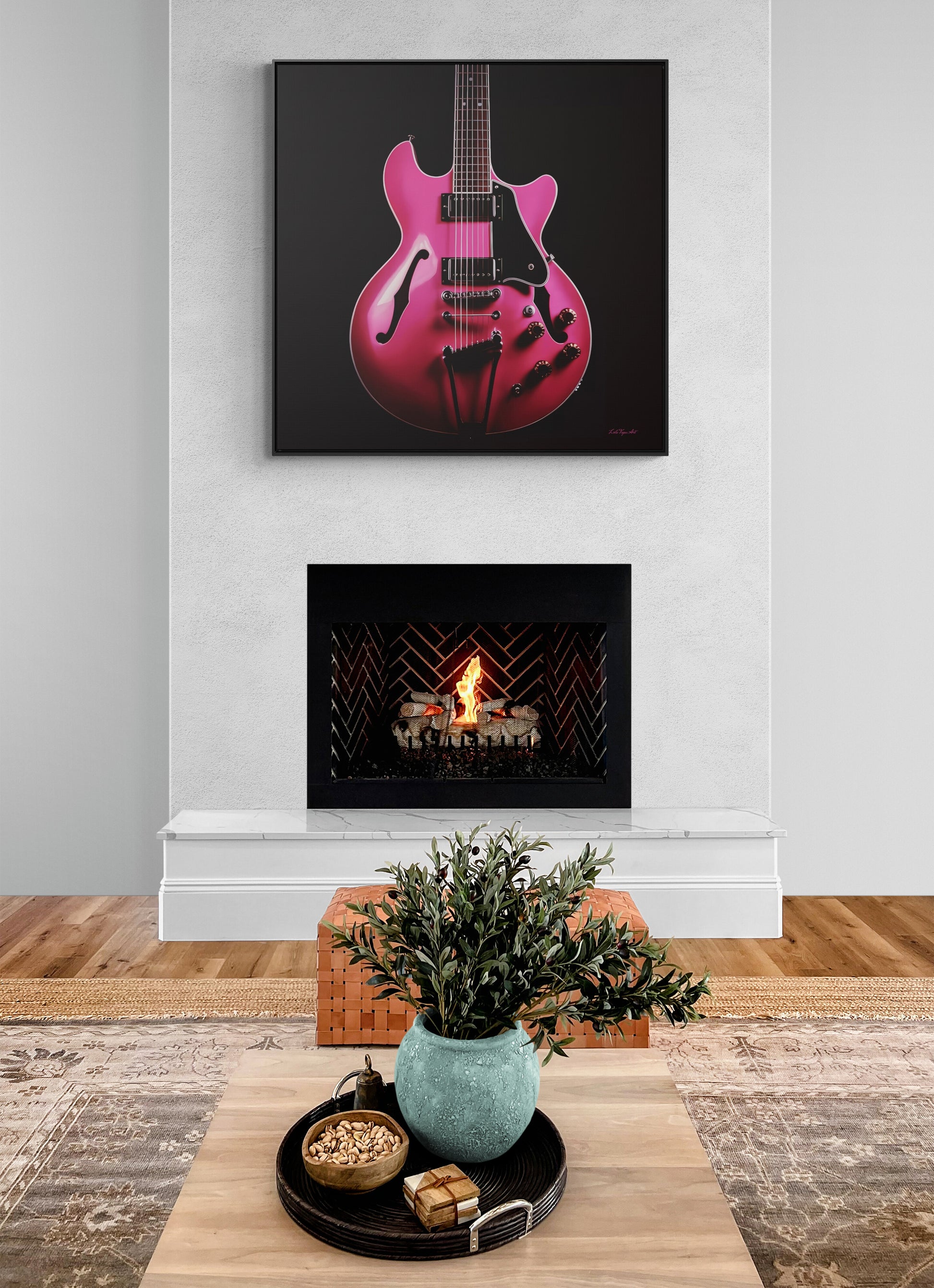Square Frame Canvas Wall Art, Fine Art Hot Pink Electric Guitar Photography for Guitar Lovers - Hip & Dramatic Decor, Gallery Frames, Music - LOLA VEGAS ART