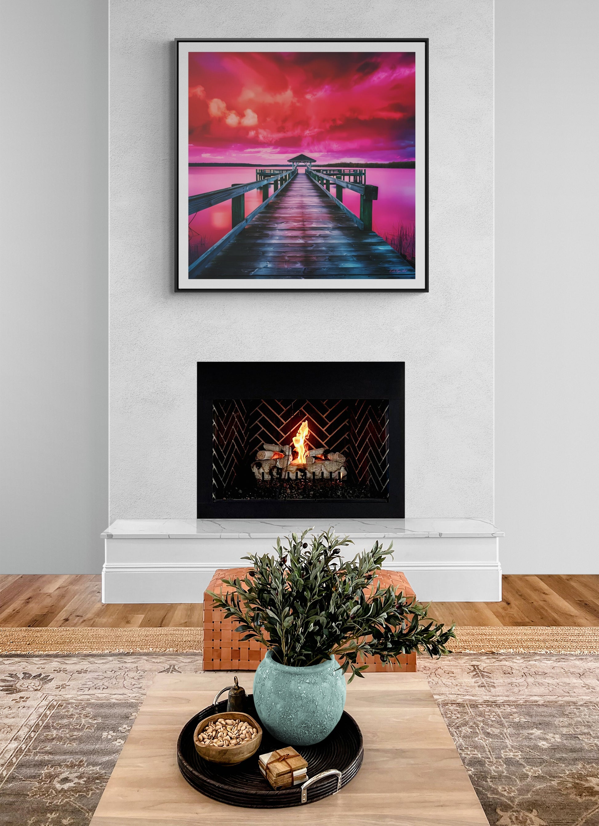 Serene Lake Dock Canvas Wall Art, Square Frame Landscape Print, Peaceful Nature Gallery Wrap, Stunning Pink and Red Sky Decor, Calm Water - LOLA VEGAS ART