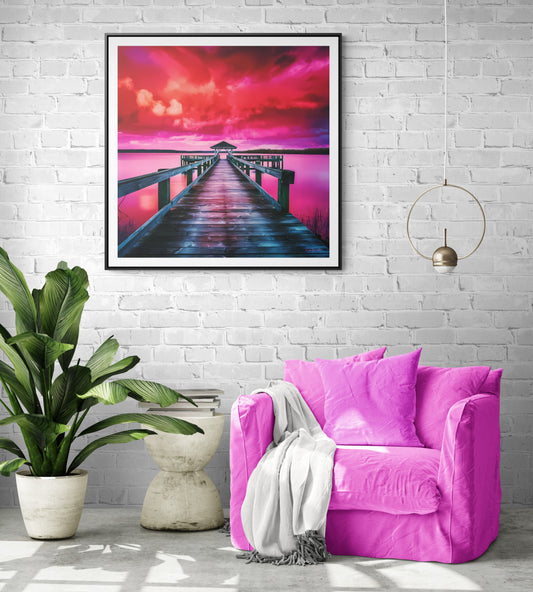 Serene Lake Dock Canvas Wall Art, Square Frame Landscape Print, Peaceful Nature Gallery Wrap, Stunning Pink and Red Sky Decor, Calm Water - LOLA VEGAS ART
