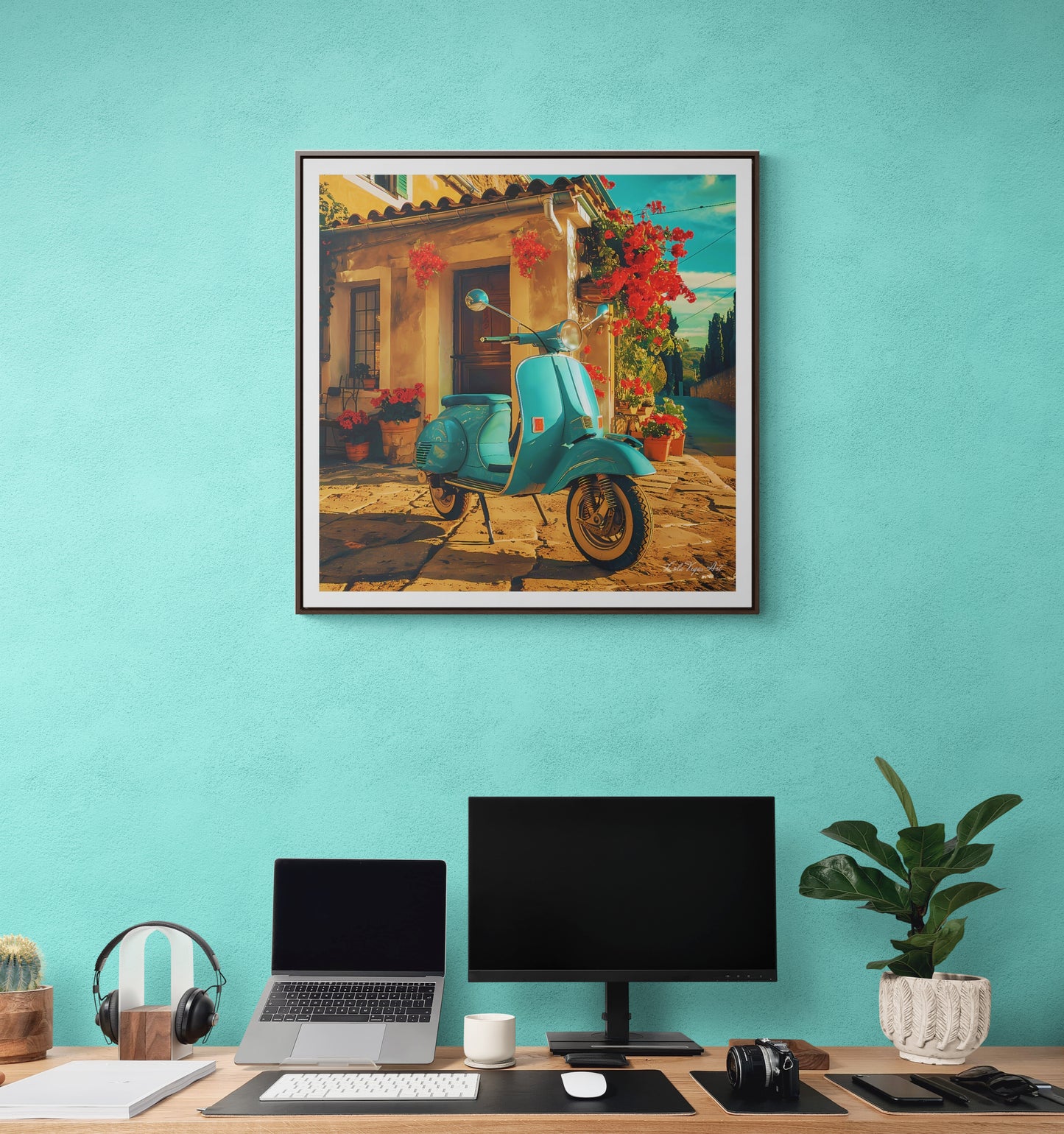 Square Frame Canvas Art, Turquoise Scooter Parked Outside Quaint Italian Village House with Red Flowers, Wall Decor, Home Decor, Summer Day - LOLA VEGAS ART