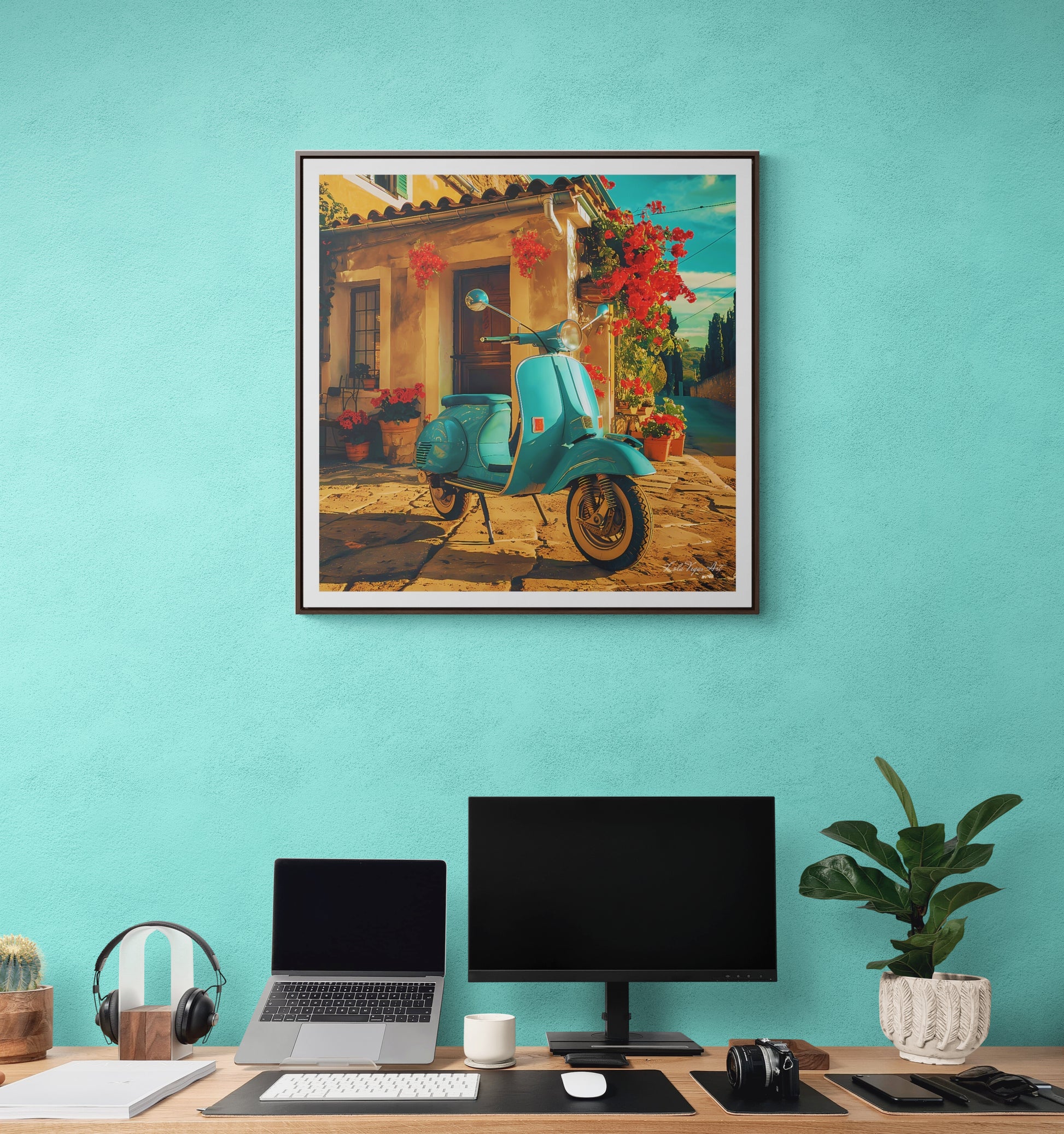 Square Frame Canvas Art, Turquoise Scooter Parked Outside Quaint Italian Village House with Red Flowers, Wall Decor, Home Decor, Summer Day - LOLA VEGAS ART