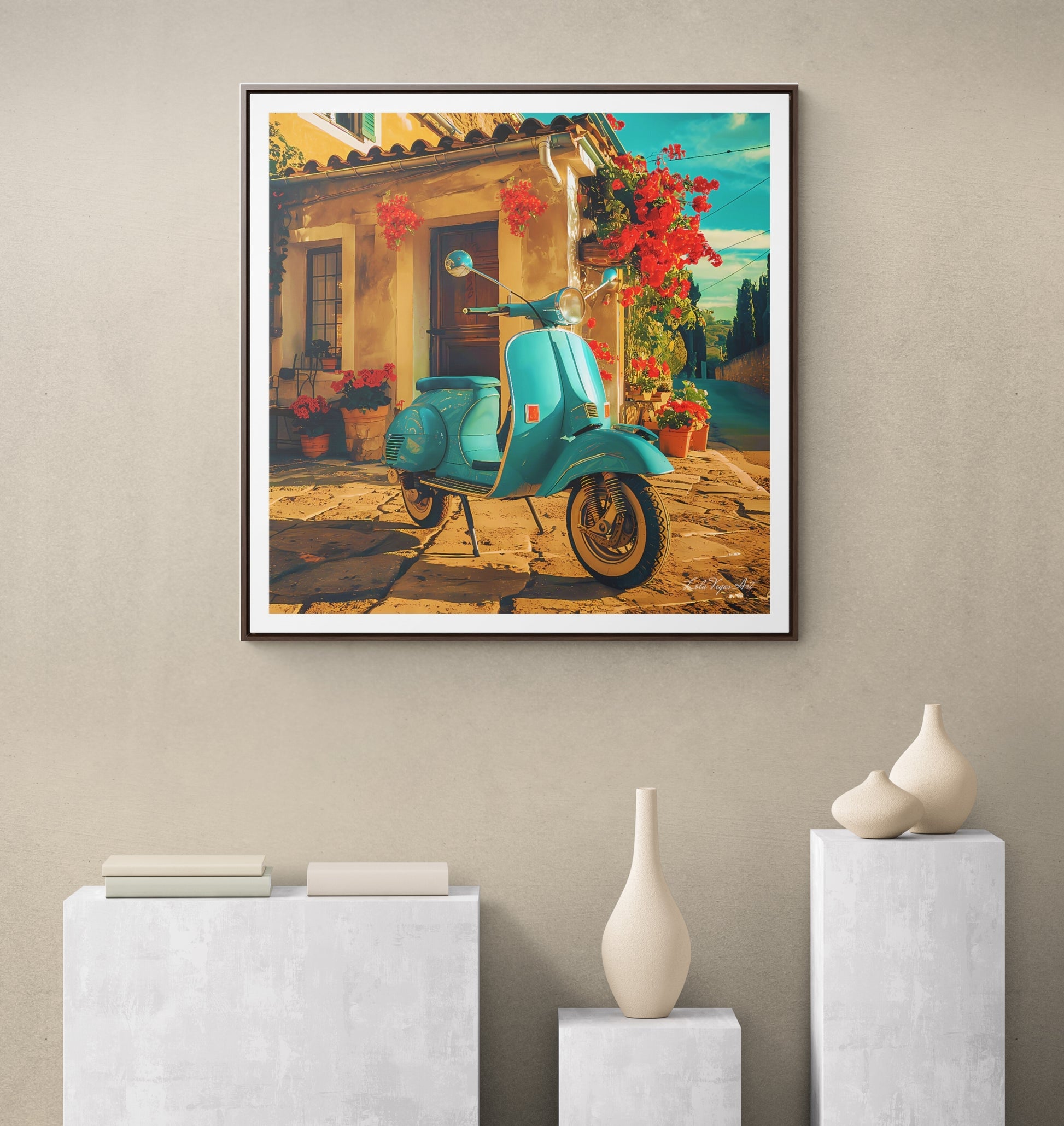 Square Frame Canvas Art, Turquoise Scooter Parked Outside Quaint Italian Village House with Red Flowers, Wall Decor, Home Decor, Summer Day - LOLA VEGAS ART