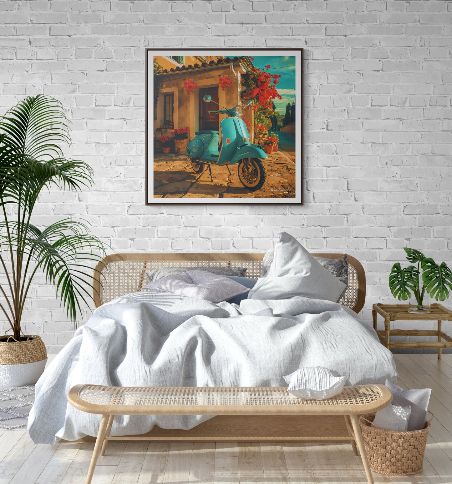 Square Frame Canvas Art, Turquoise Scooter Parked Outside Quaint Italian Village House with Red Flowers, Wall Decor, Home Decor, Summer Day - LOLA VEGAS ART