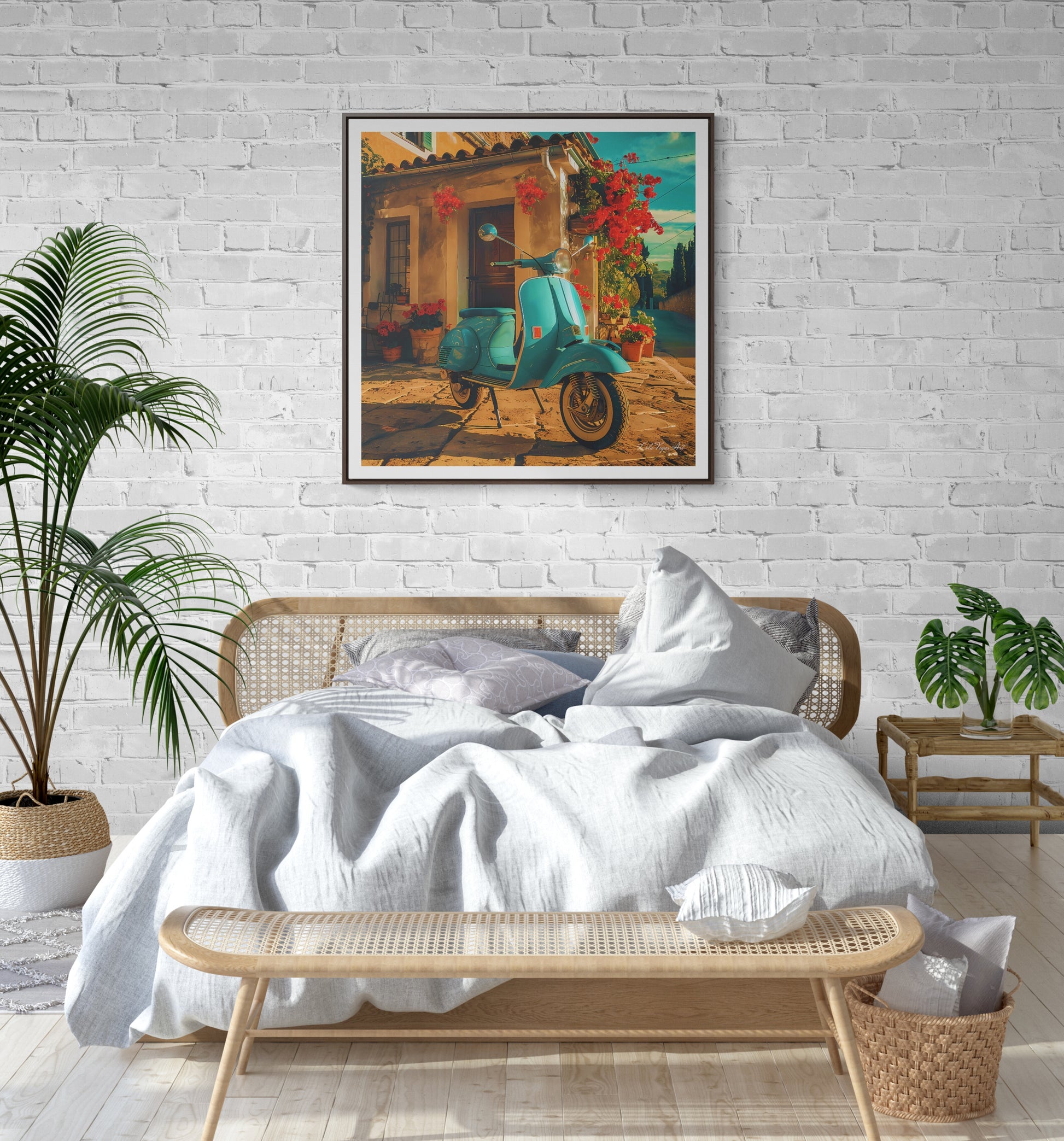 Square Frame Canvas Art, Turquoise Scooter Parked Outside Quaint Italian Village House with Red Flowers, Wall Decor, Home Decor, Summer Day - LOLA VEGAS ART