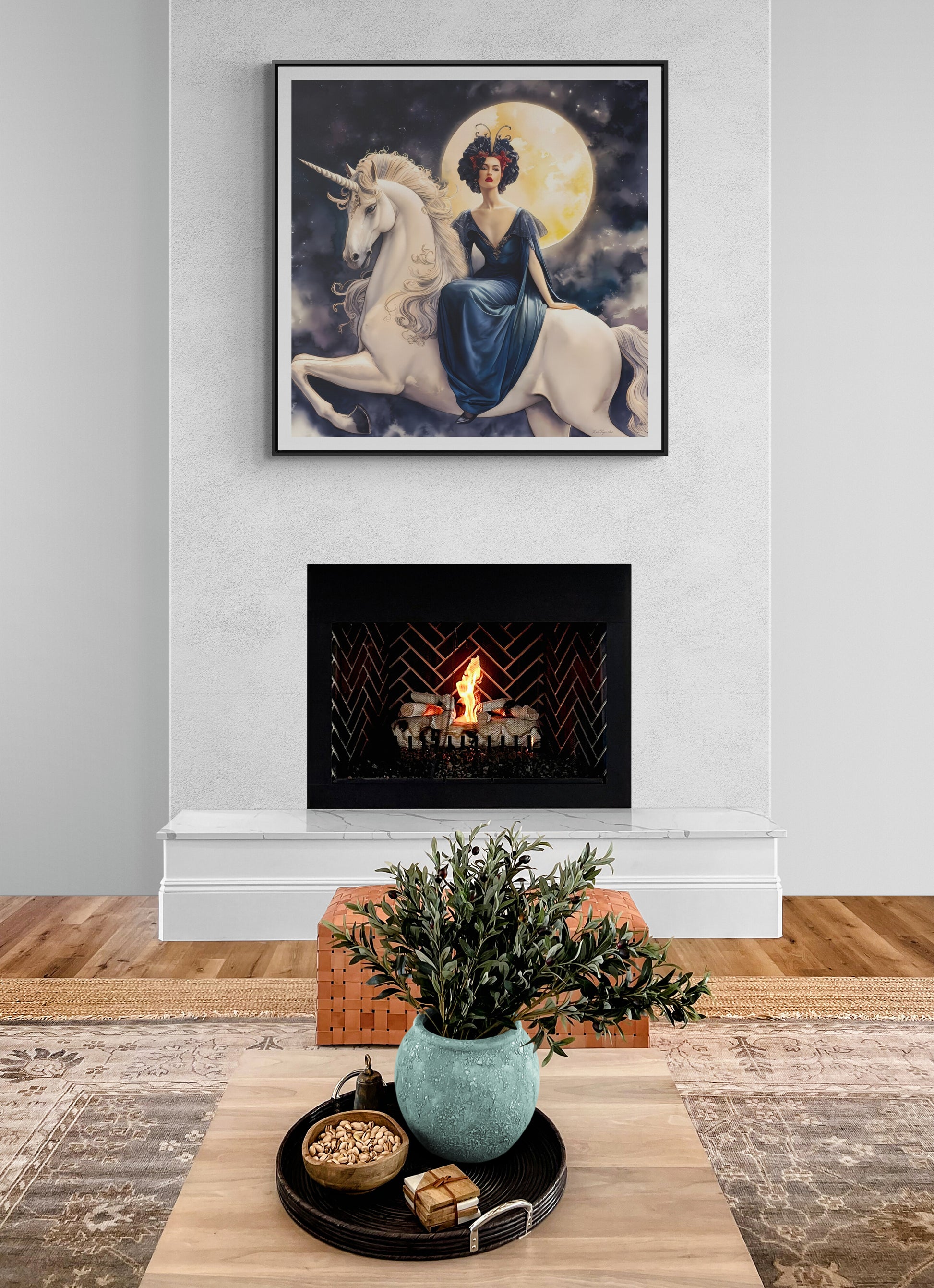 Square Framed Canvas Wall Art, Art Nouveau Style Red-Haired Woman Riding Unicorn Under Full Moon, Fantasy Decor, Magical Night, Gallery - LOLA VEGAS ART