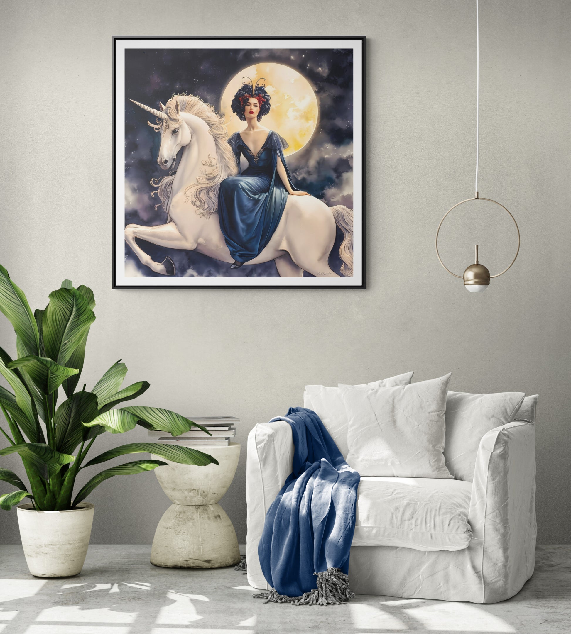 Square Framed Canvas Wall Art, Art Nouveau Style Red-Haired Woman Riding Unicorn Under Full Moon, Fantasy Decor, Magical Night, Gallery - LOLA VEGAS ART