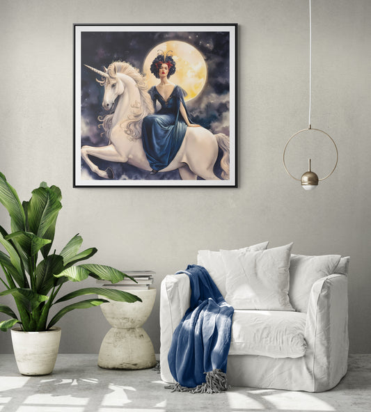 Square Framed Canvas Wall Art, Art Nouveau Style Red-Haired Woman Riding Unicorn Under Full Moon, Fantasy Decor, Magical Night, Gallery - LOLA VEGAS ART