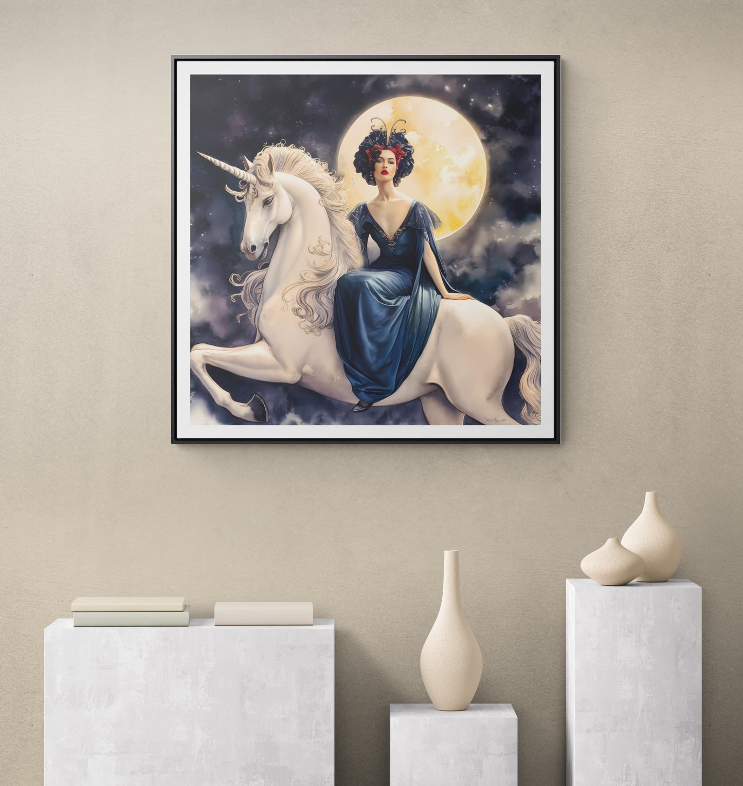 Square Framed Canvas Wall Art, Art Nouveau Style Red-Haired Woman Riding Unicorn Under Full Moon, Fantasy Decor, Magical Night, Gallery - LOLA VEGAS ART