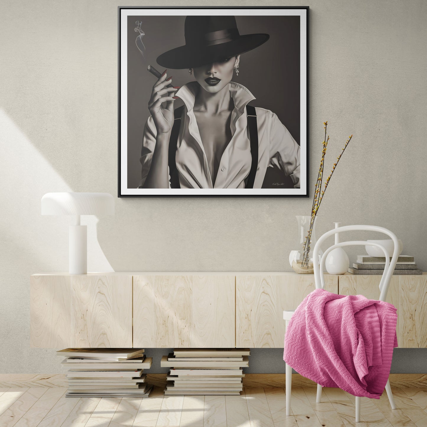Film Noir Woman Canvas Art, Square Frame, Sexy Black White Femme Fatale Fedora Hat, Wall Hanging Poster Print, Home Decor Gift, - LOLA VEGAS ART