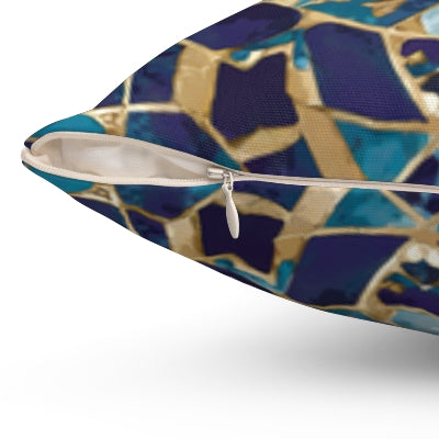 Moroccan Mosaic Square Pillow, Ethnic Boho Throw Cushion, Blue Tan Decorative Pillow, Eclectic Home Accent, Decorative Sofa Pillow - LOLA VEGAS ART