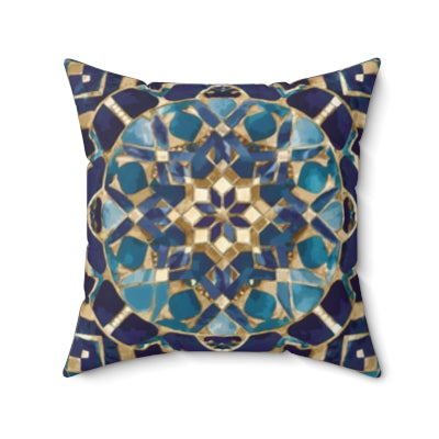 Moroccan Mosaic Square Pillow, Ethnic Boho Throw Cushion, Blue Tan Decorative Pillow, Eclectic Home Accent, Decorative Sofa Pillow - LOLA VEGAS ART