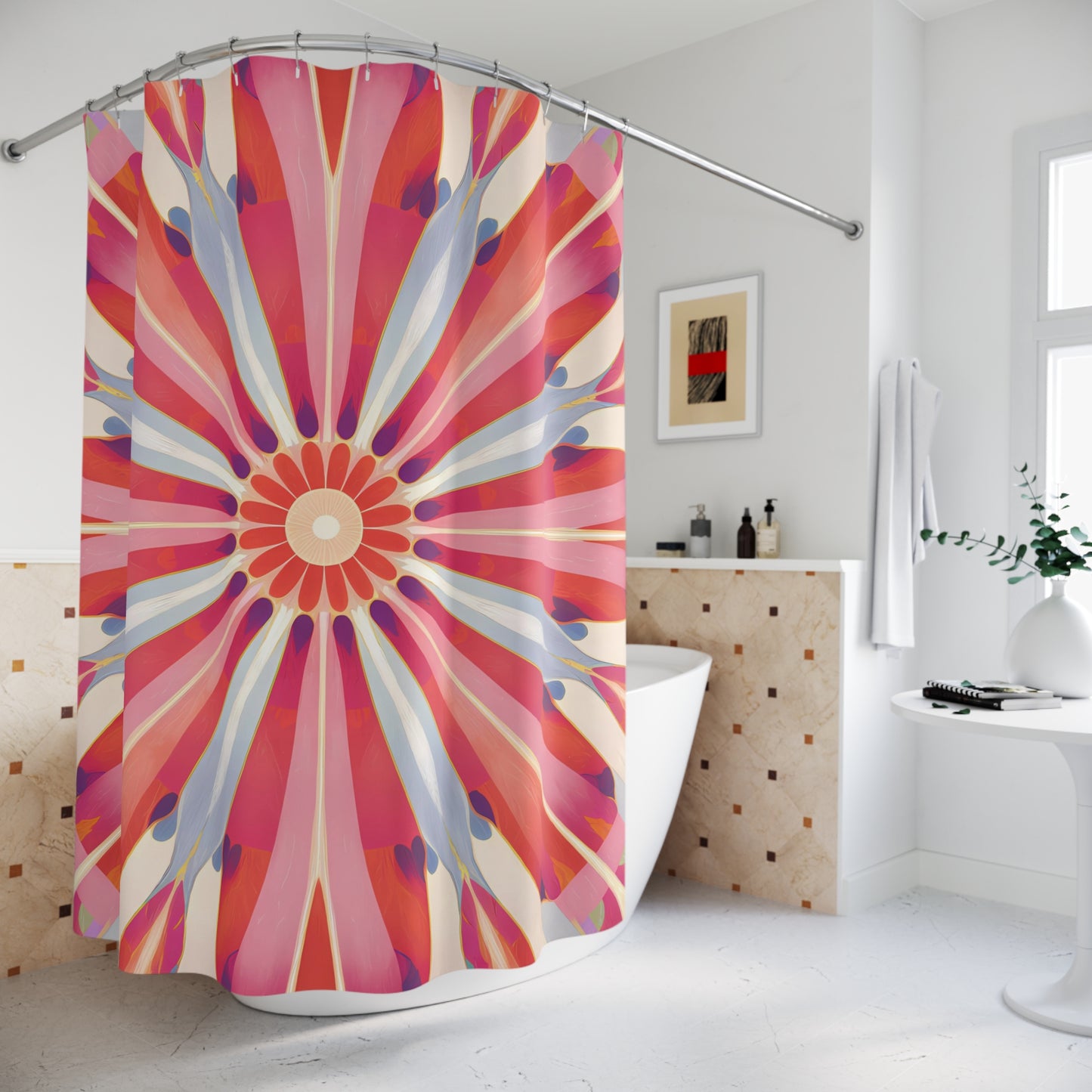 Eclectic Floral BOHO Shower Curtains, Feminine Bathroom Decor, Pink Blue Orange Abstract Flower Curtain
