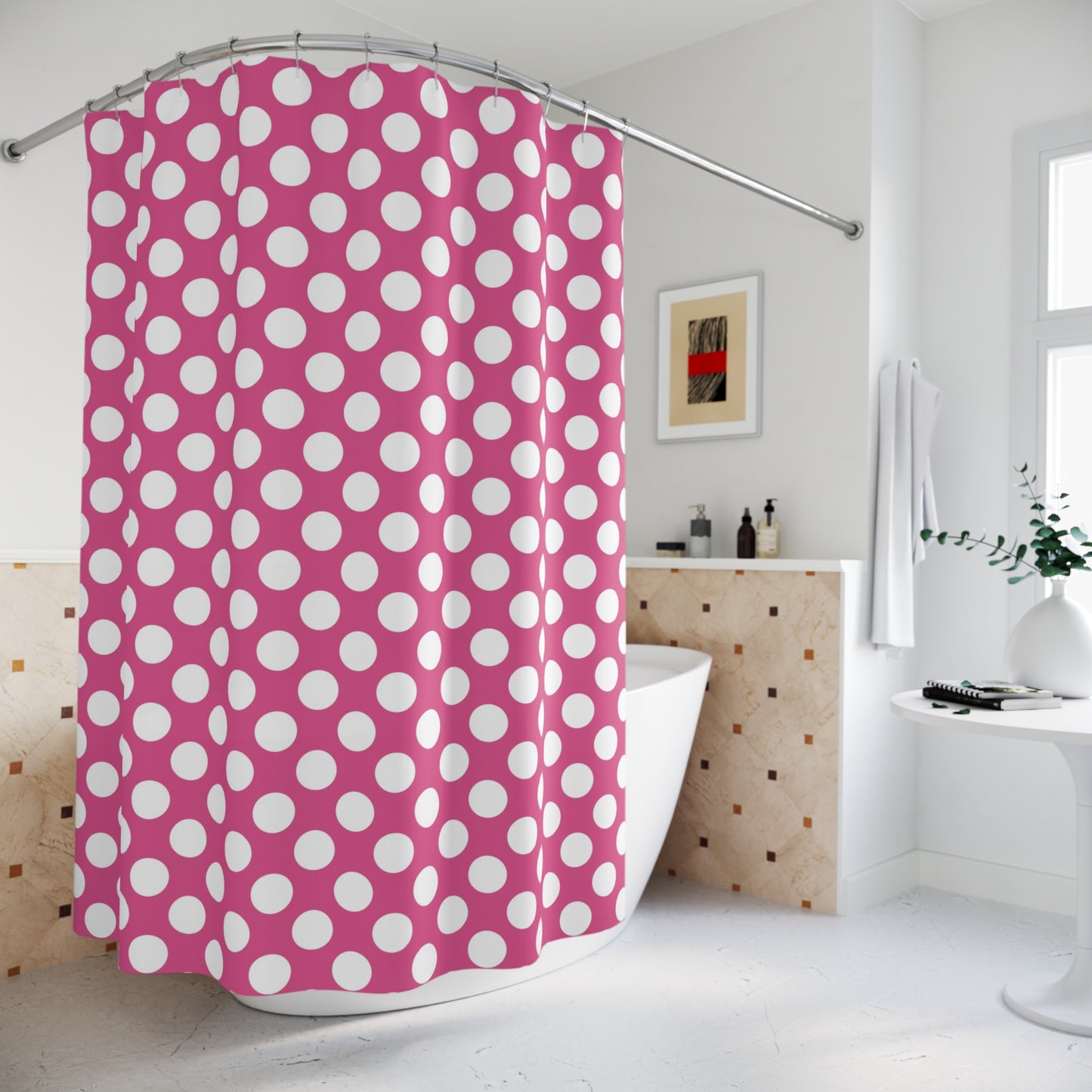 Fun Pink and White Polka Dot Shower Curtain, Vibrant Bathroom Decor, Polka Dot Gifts, Modern Home Accent, Kids Bathroom - LOLA VEGAS ART