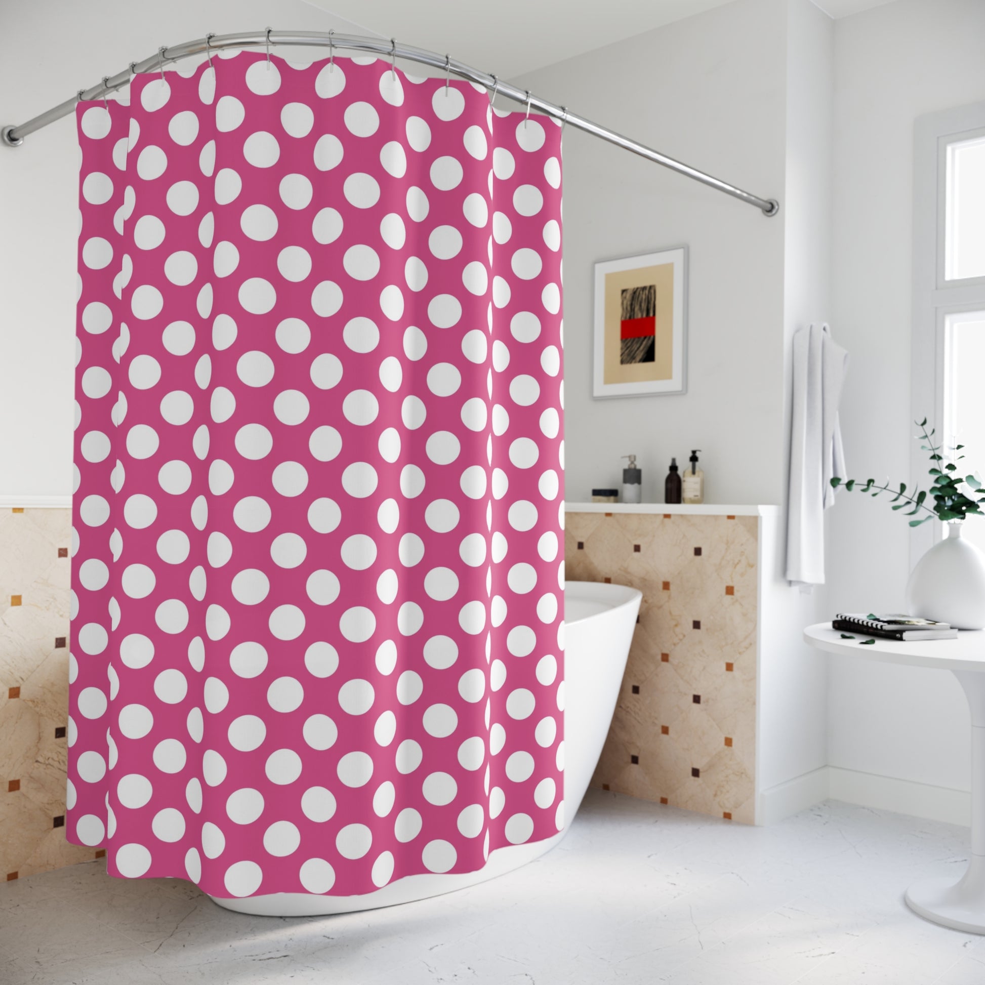 Fun Pink and White Polka Dot Shower Curtain, Vibrant Bathroom Decor, Polka Dot Gifts, Modern Home Accent, Kids Bathroom - LOLA VEGAS ART