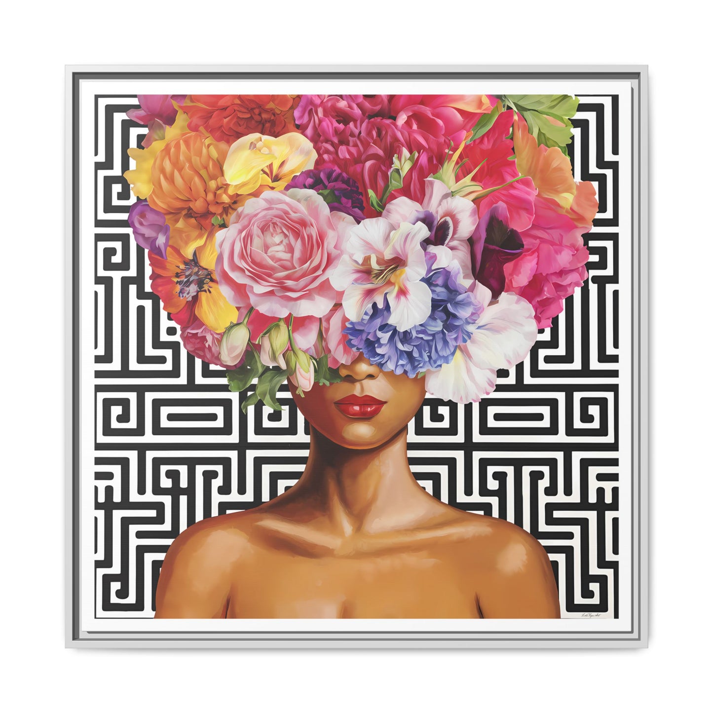 Framed Art Canvas: Vibrant Floral Portrait Decor, Boho Wall Art, Home Gallery, Gift for Her, Inspirational Art, Woman With Flower Head - LOLA VEGAS ART