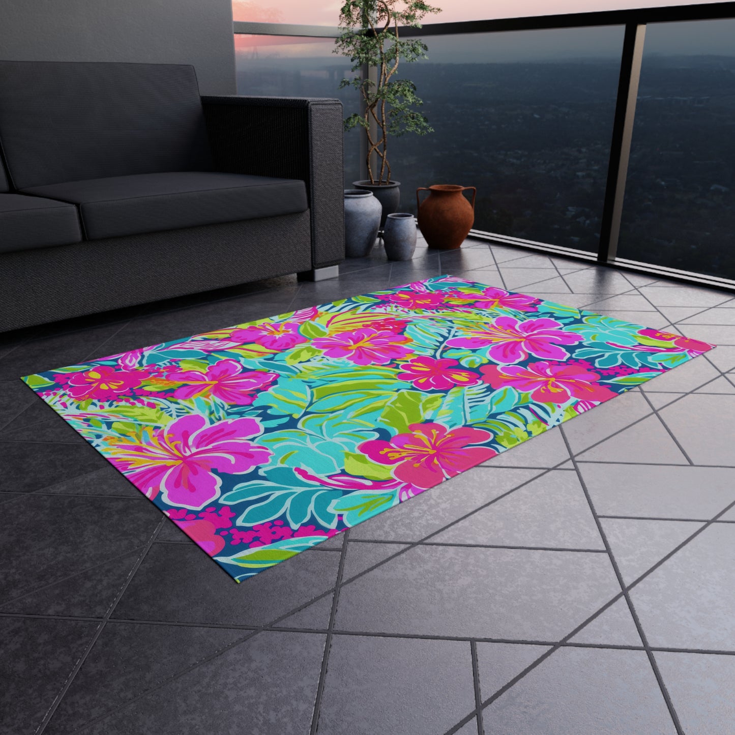 Tropical Hibiscus Floral Outdoor Rug | Bright Pink Teal Patio Mat