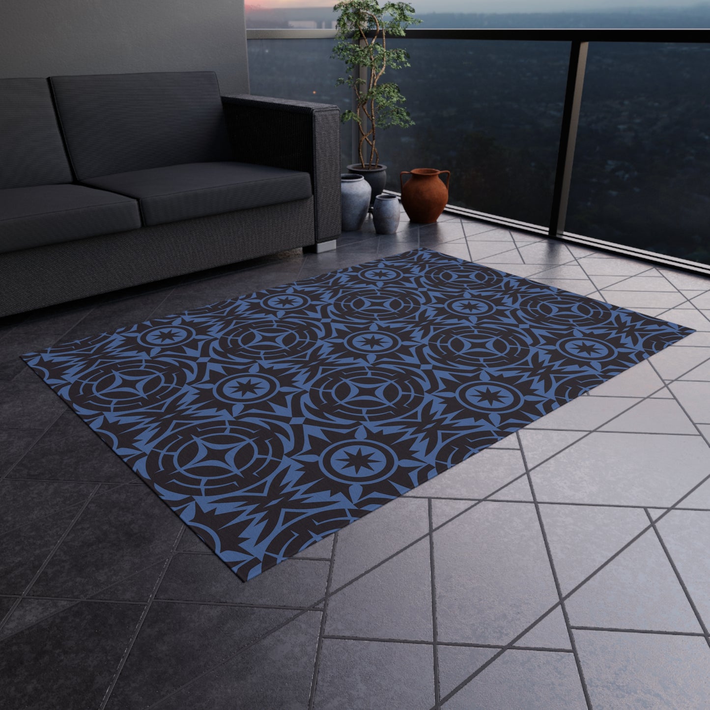 Blue and Black Stylish Outdoor Rug for Patios, Decks, and Porches, Durable Decorative Mat, Outdoor Living Essentials, Seasonal Decorations - LOLA VEGAS ART