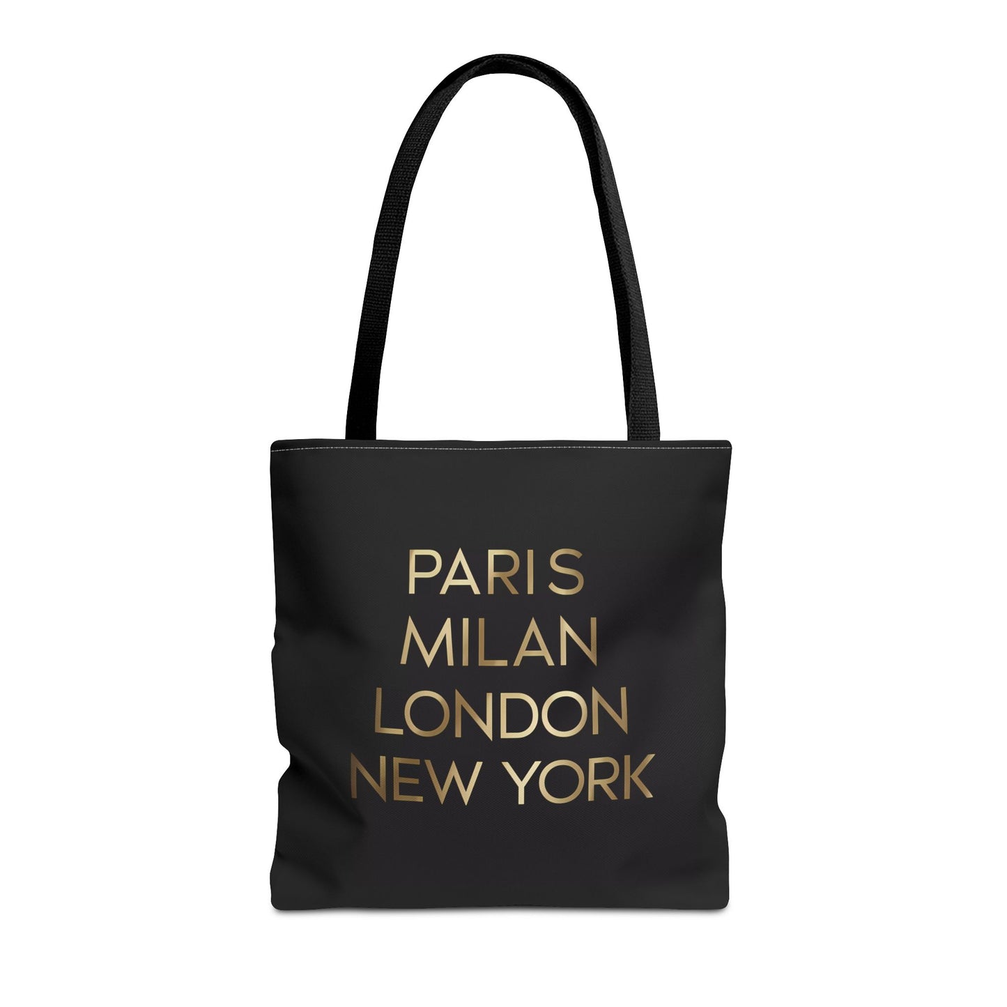 Fashionista Style Black Tote Bag - Paris Milan London New York Gold Typography, Travel Accessory, City Names, Shopping Bag, Fashion Lover - LOLA VEGAS ART