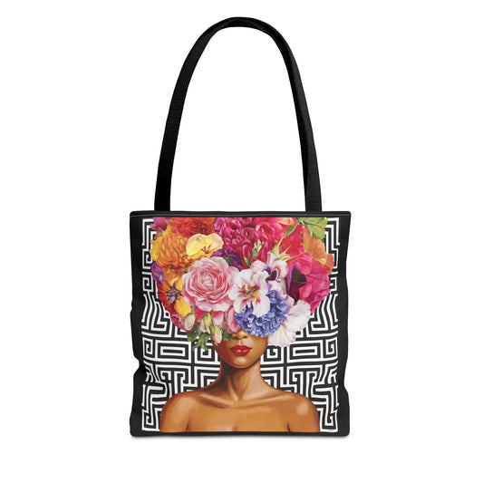 Bohemian Floral Tote Bag, Eco-Friendly Bag, Shopping Tote, Beach Bag, Gift for Her, Summer Vibes, Woman With Flowers On Her Head - LOLA VEGAS ART
