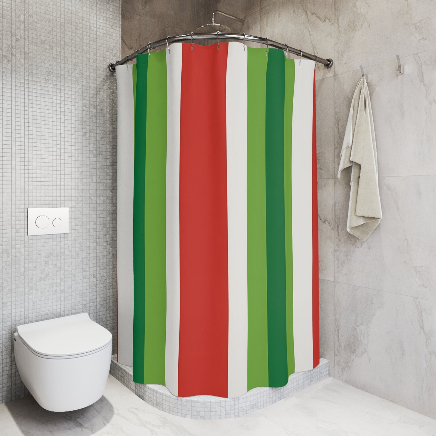 Red and Green Vertical Stripe Shower Curtain | Holiday Color Stripe Bathroom