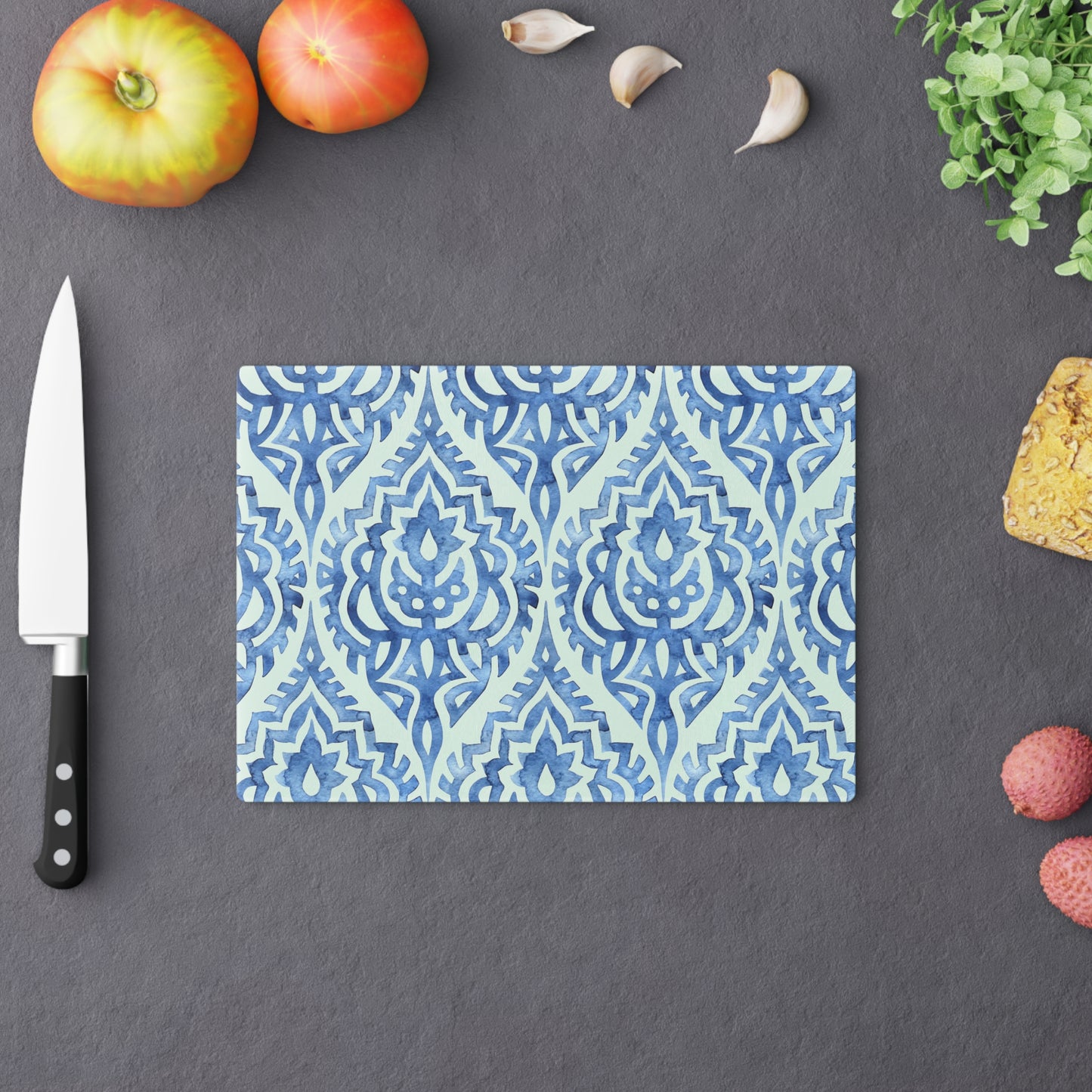 Elegant Blue Patterned Cutting Board, Unique Kitchen Decor, Housewarming Gift, Artisan Serving Board, Wedding Gift, Functional Art - LOLA VEGAS ART