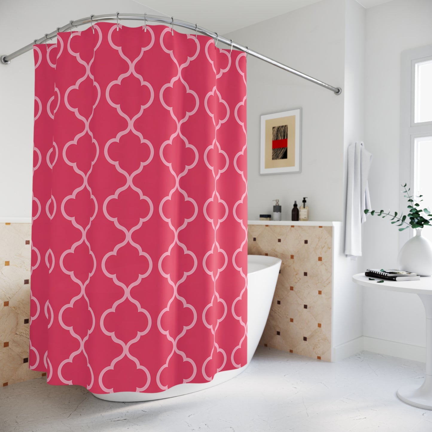 Vibrant Pink Patterned Shower Curtain - Modern Bathroom Decor, Gift for Housewarming, Boho Chic, Unique Bathroom Accent, Moroccan Quatrefoil - LOLA VEGAS ART