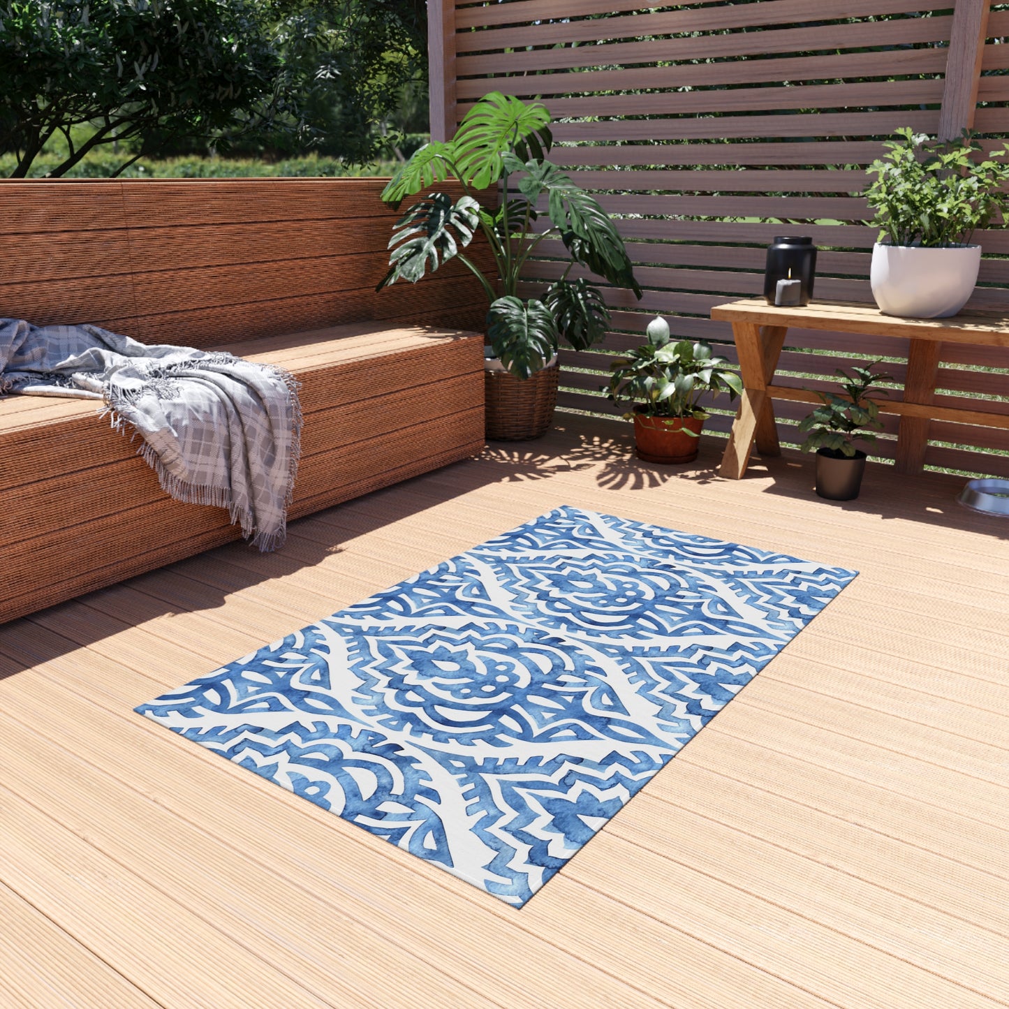 Outdoor/Indoor Rug in Elegant Blue Pattern, Patio Decor, Garden Style, Camping Accessory, Indoor/Outdoor Mat - LOLA VEGAS ART