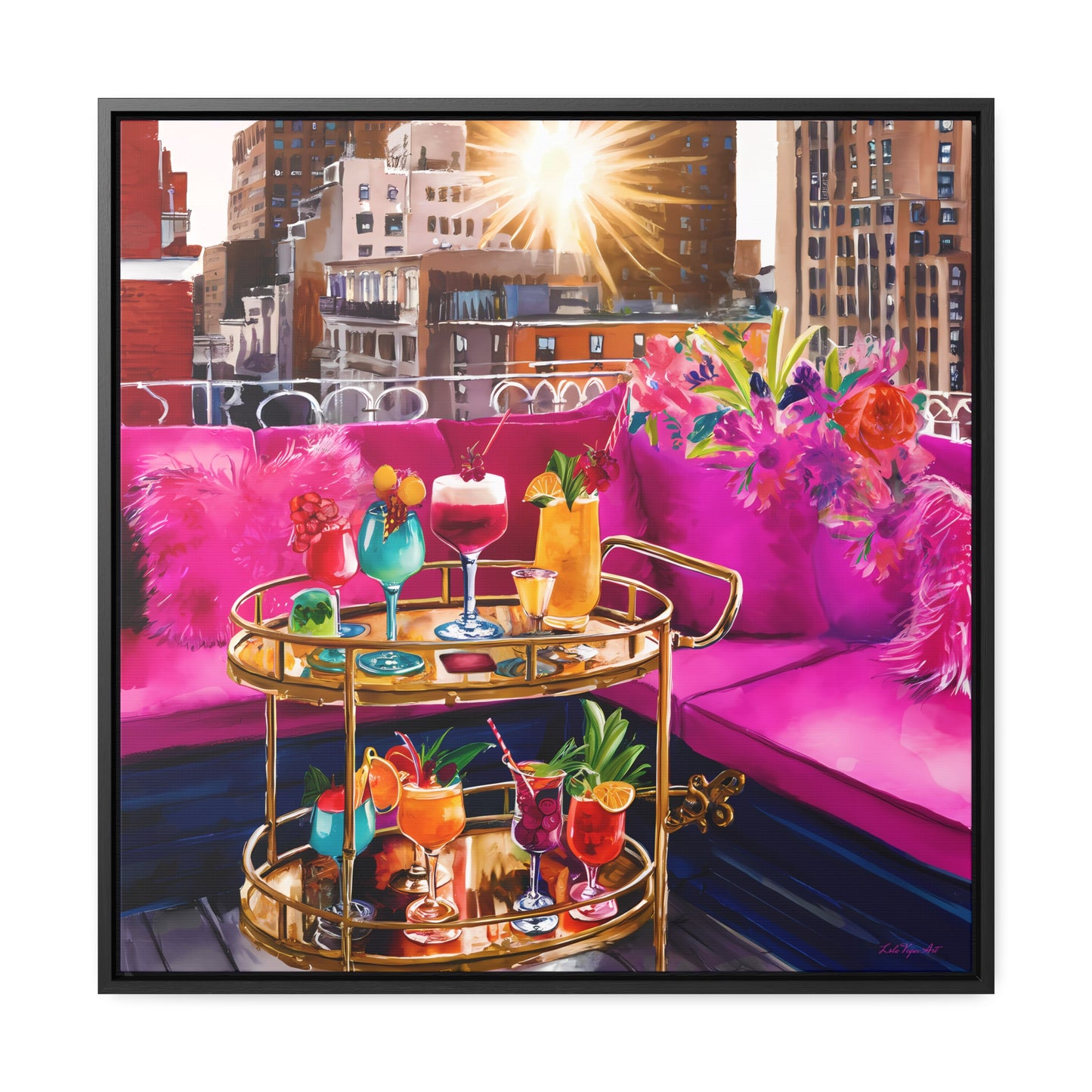 Fashionista Square Canvas Wall Art NYC Rooftop Deck, Hot Pink Couch, Cocktails, Glamorous & Feminine, Pink Decor, Trendy, Glam Girl - LOLA VEGAS ART