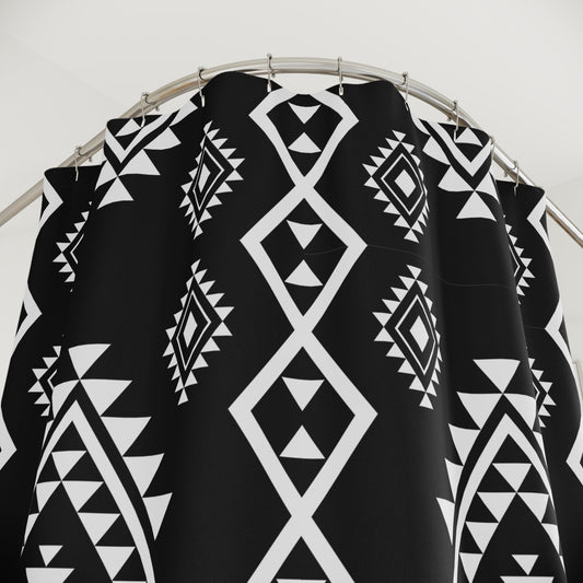 Black & White Aztec Geometric Shower Curtain | Tribal Diamond Pattern Boho Bathroom Accessory