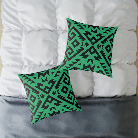 Green Boho Aztec Geometric Pattern Pillow | Square Poly Canvas Pillow