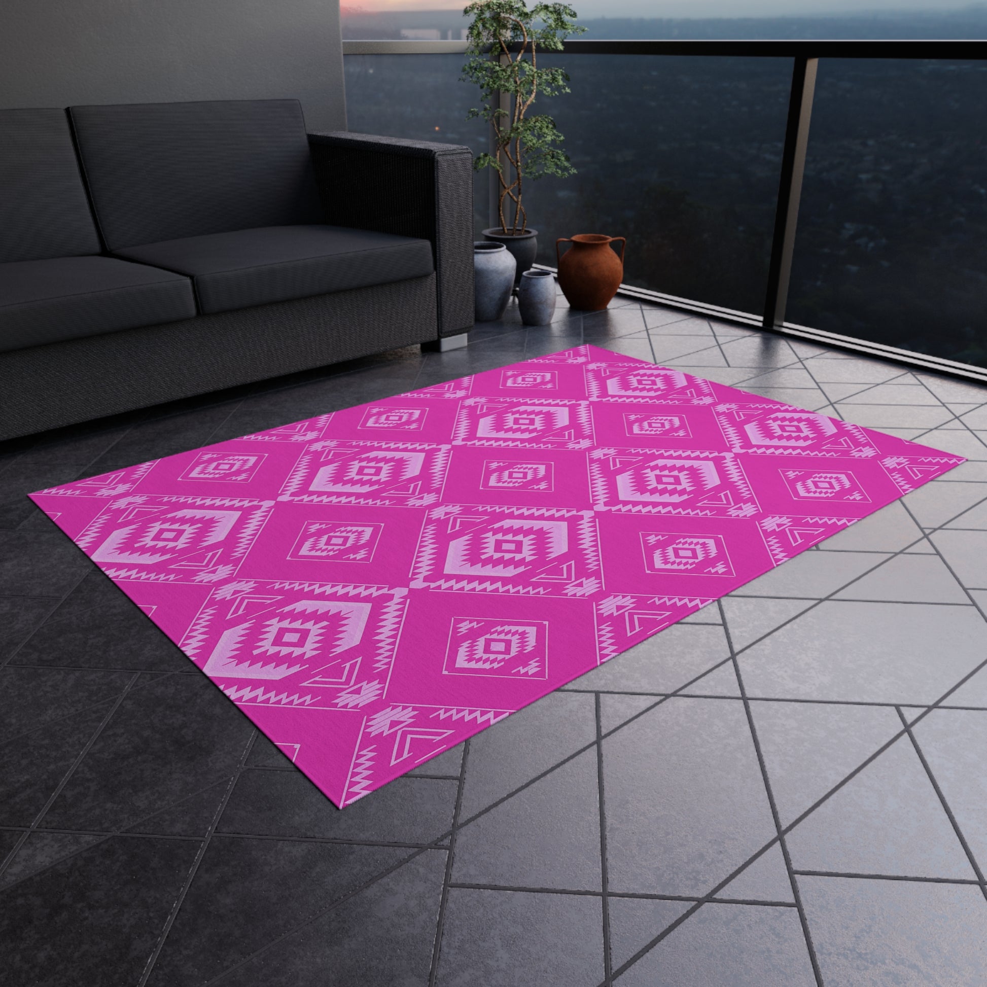 Fuchsia Southwestern Vibrant Outdoor Rug - Pink Geometric Pattern, Patio Decor, Boho Chic, Outdoor Spaces, Garden Mat, Home Essentials - LOLA VEGAS ART