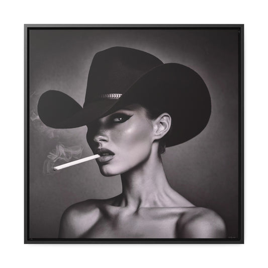 Square Frame Canvas Wall Art, Fashionista Home Decor, Black and White Fine Art Photography, Gorgeous Woman with Freckles, Cowboy Hat, - LOLA VEGAS ART