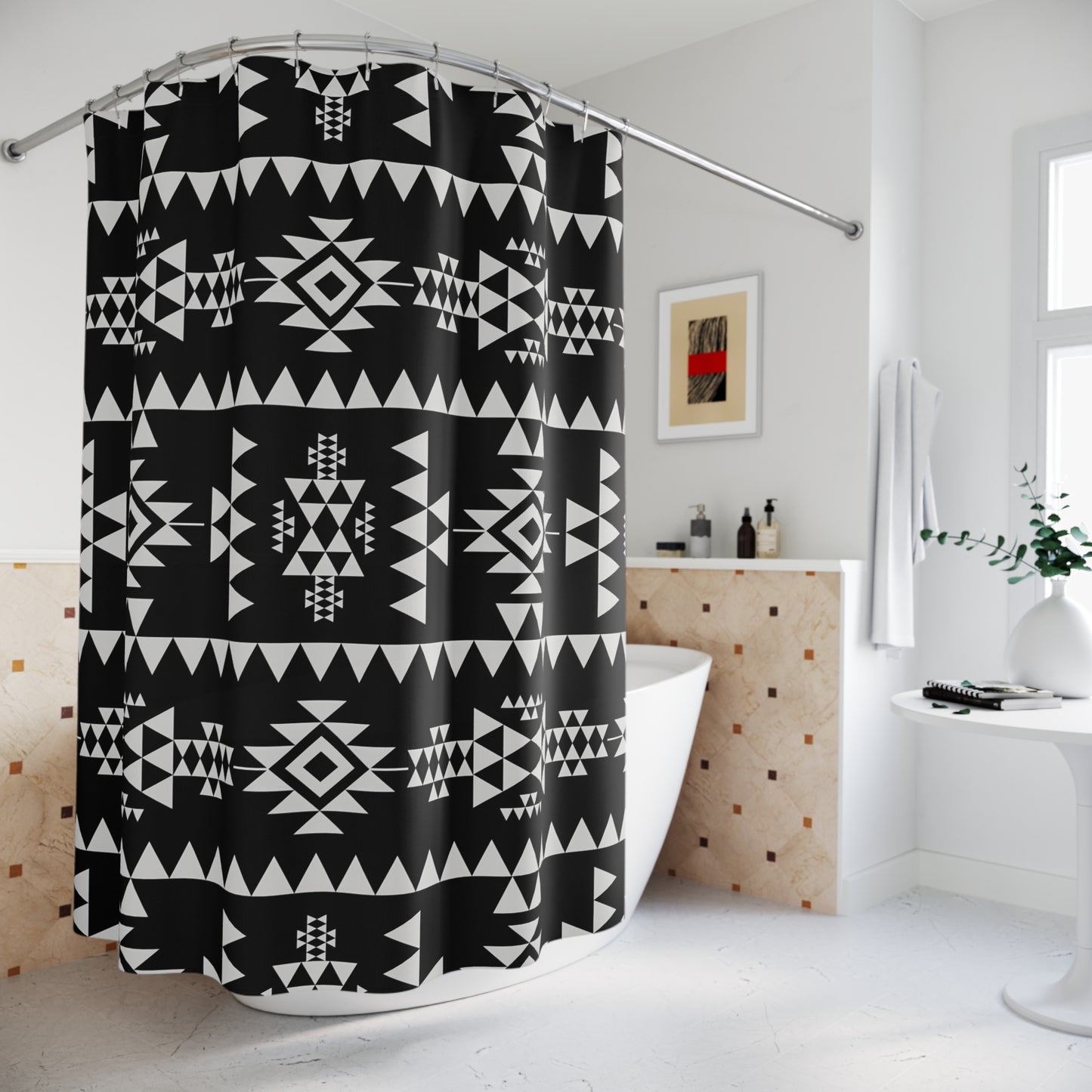 Tribal Boho Southwest Shower Curtain - Black & White Geometric Ethnic Home Decor, Bathroom Accessories, Indie Art Bath Decor, - LOLA VEGAS ART