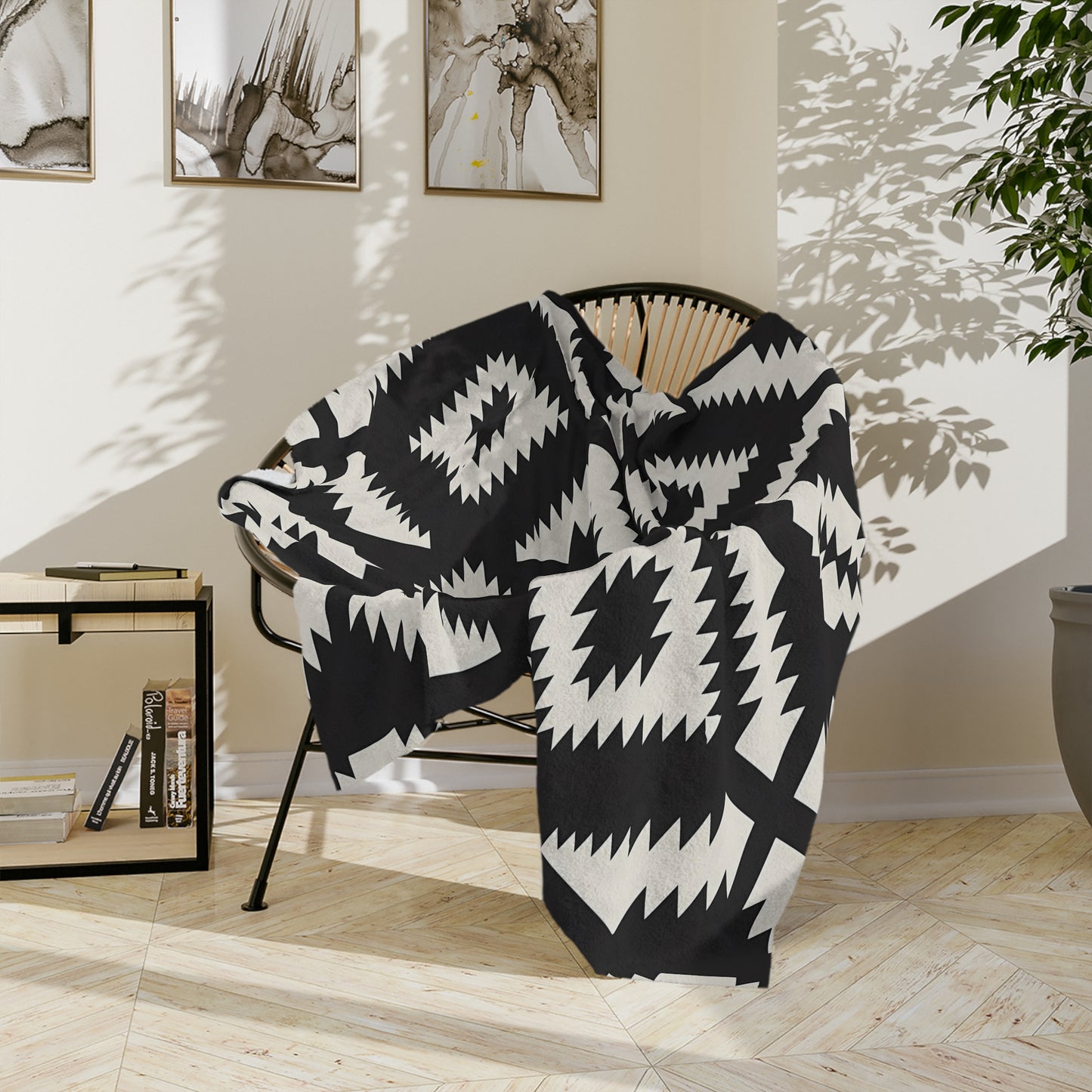 Geometric Pattern Velveteen Blanket, Cozy Microfiber Throw, Modern Home Decor, Rustic Couch Comfort, Black and White Warmth - LOLA VEGAS ART
