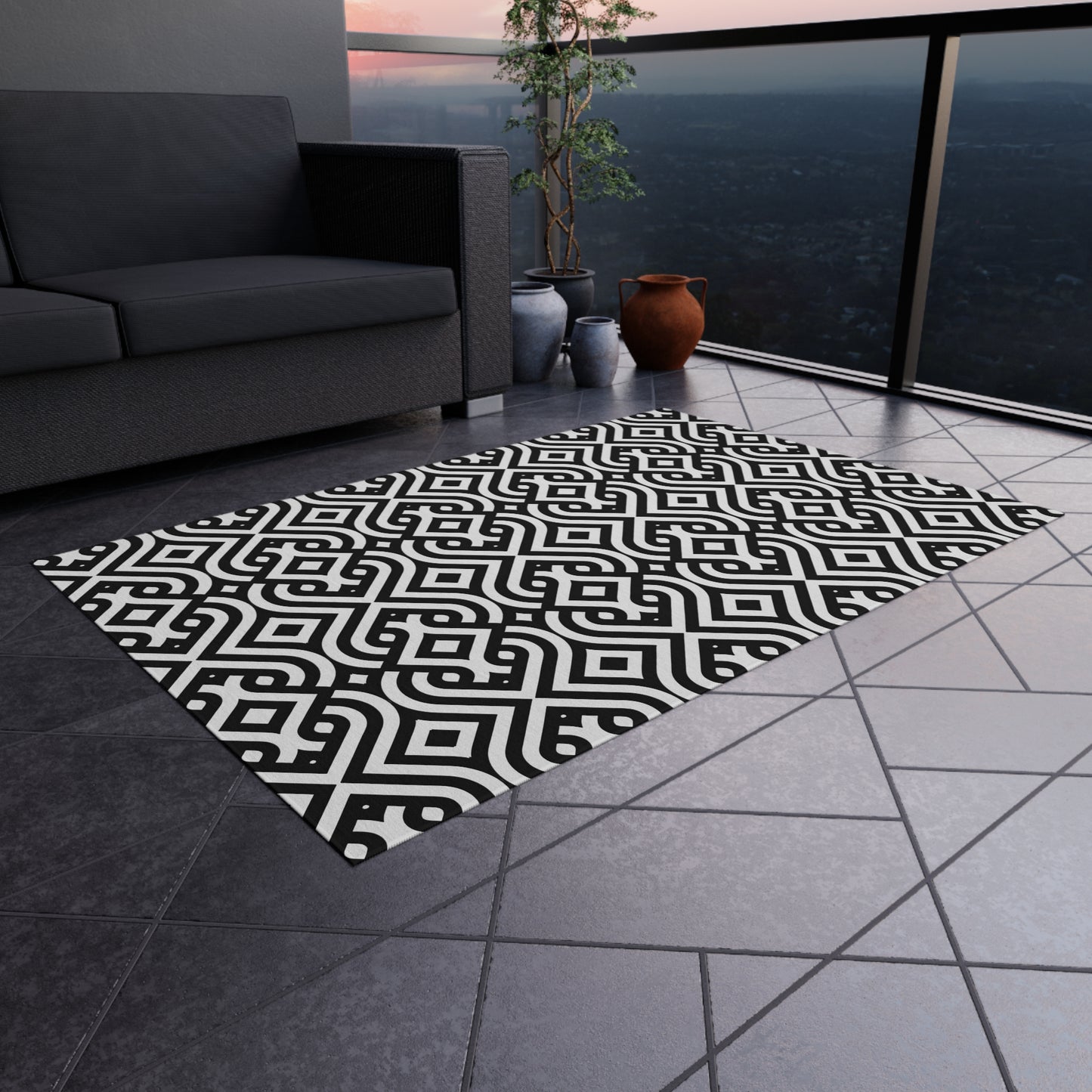 Black Geometric Trellis Outdoor/Indoor Rug | Patio Mat, Modern Moroccan Pattern