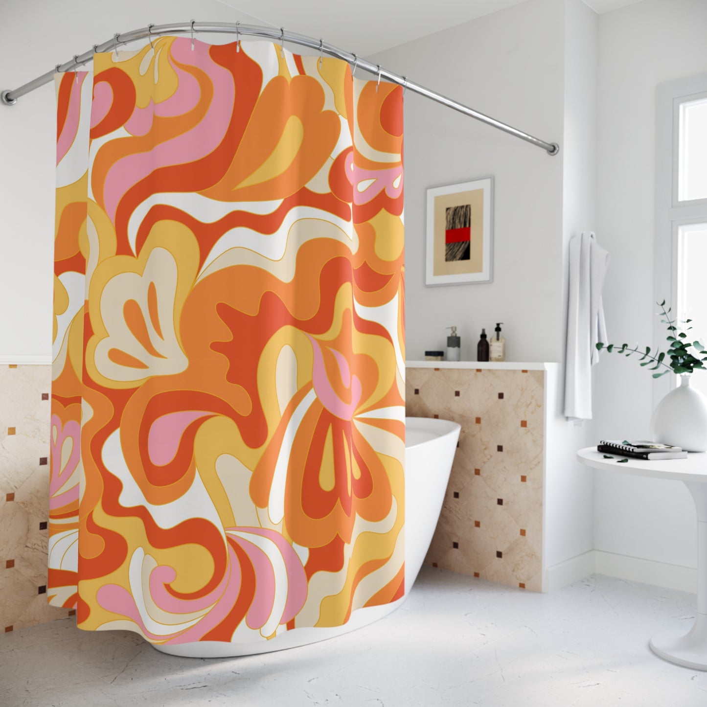 70s Retro Swirl Shower Curtain | Orange Pink Abstract Floral Pattern