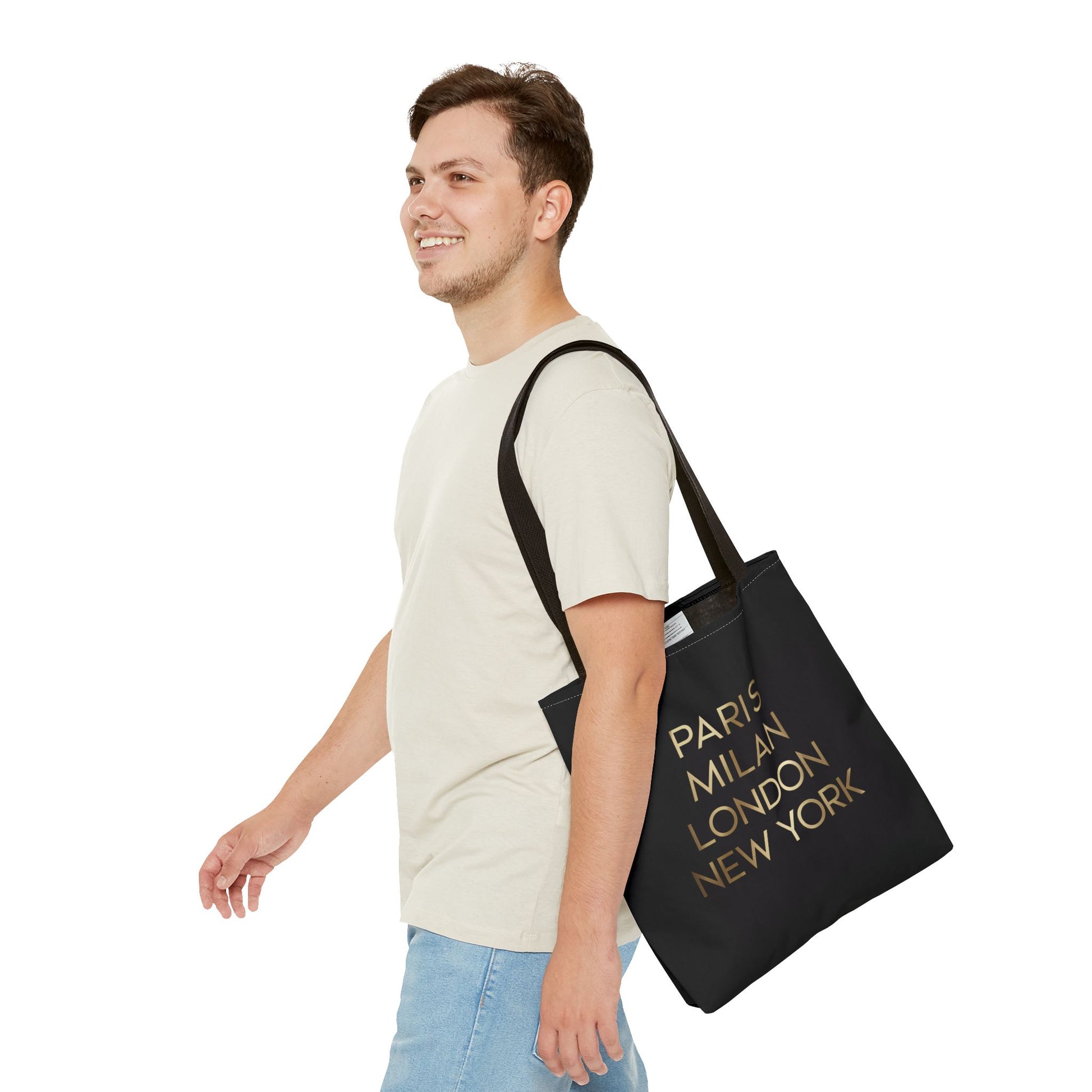 Fashionista Style Black Tote Bag - Paris Milan London New York Gold Typography, Travel Accessory, City Names, Shopping Bag, Fashion Lover - LOLA VEGAS ART