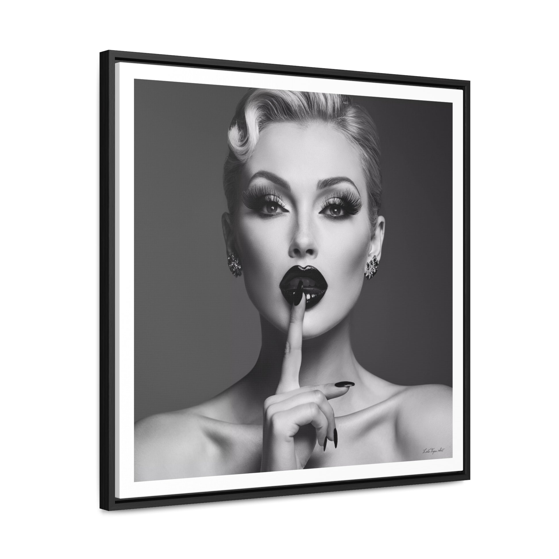 Square Frame Canvas Wall Art, Black & White Glamorous Woman Be Quiet Portrait, Fine Art Photography, Gallery Canvas Wraps, Home Decor, Wall - LOLA VEGAS ART