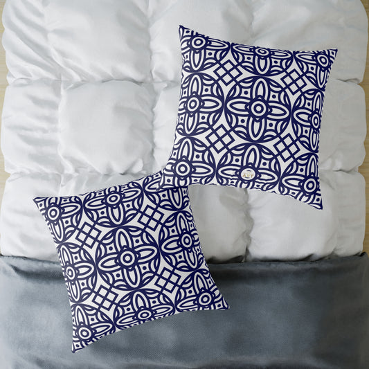 Navy Geometric Pattern Square Pillow | Blue Moroccan Motif, Boho Accent Cushion, Home Decor, Gift for Housewarming, Modern Interior Style