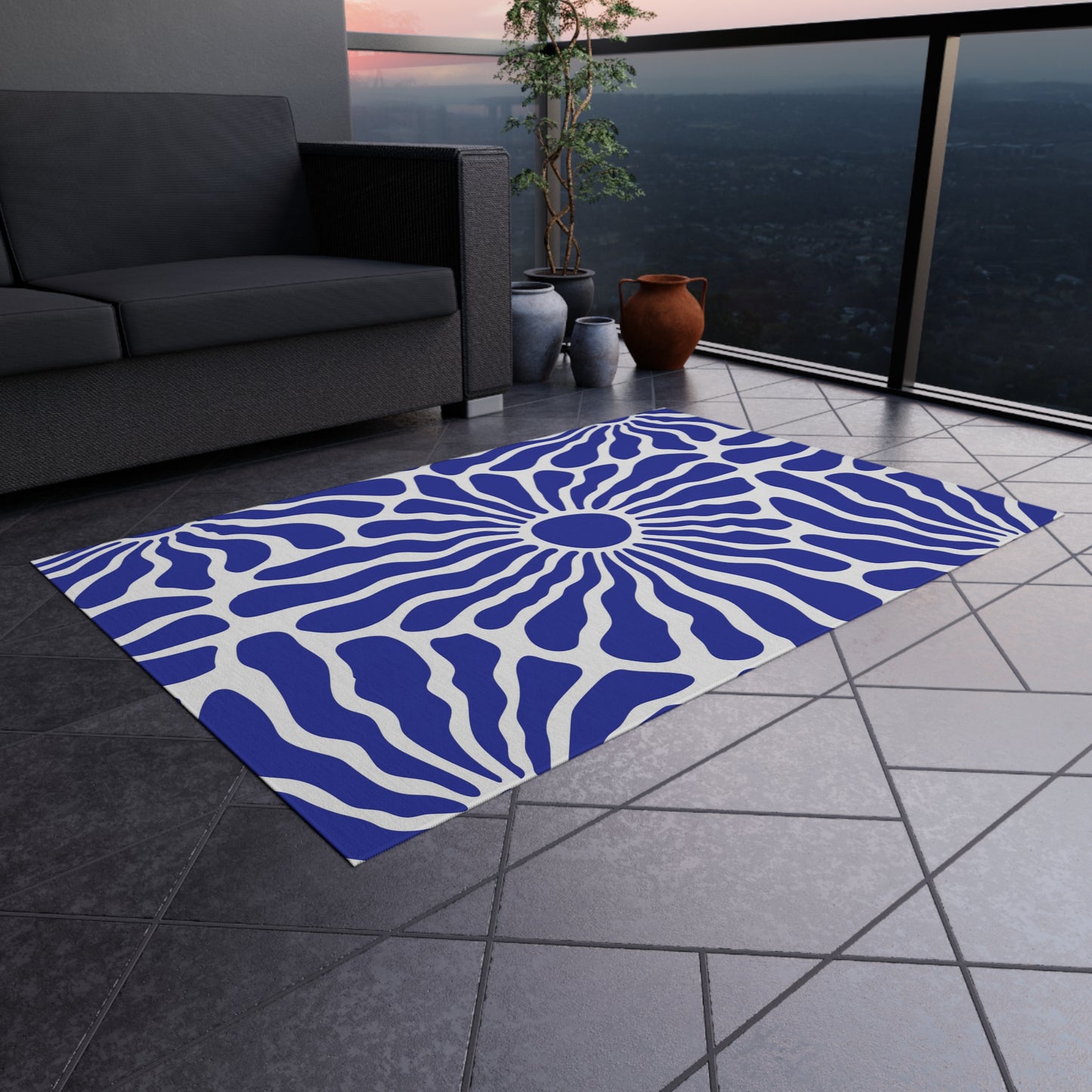 Blue White Radiant Floral Outdoor/Indoor Rug | Patio Mat, Water-Resistant Poolside