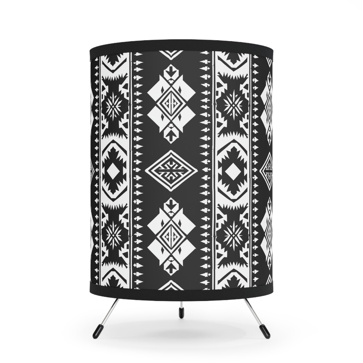 Bohemian Tripod Lamp - Modern Black and White Decor, Unique Table Light, Tribal Shade Lighting, Home Accent