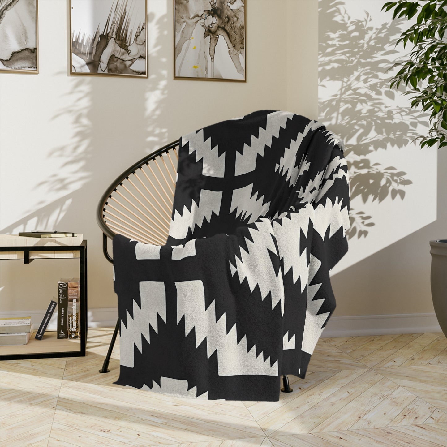 Geometric Pattern Velveteen Blanket, Cozy Microfiber Throw, Modern Home Decor, Rustic Couch Comfort, Black and White Warmth - LOLA VEGAS ART