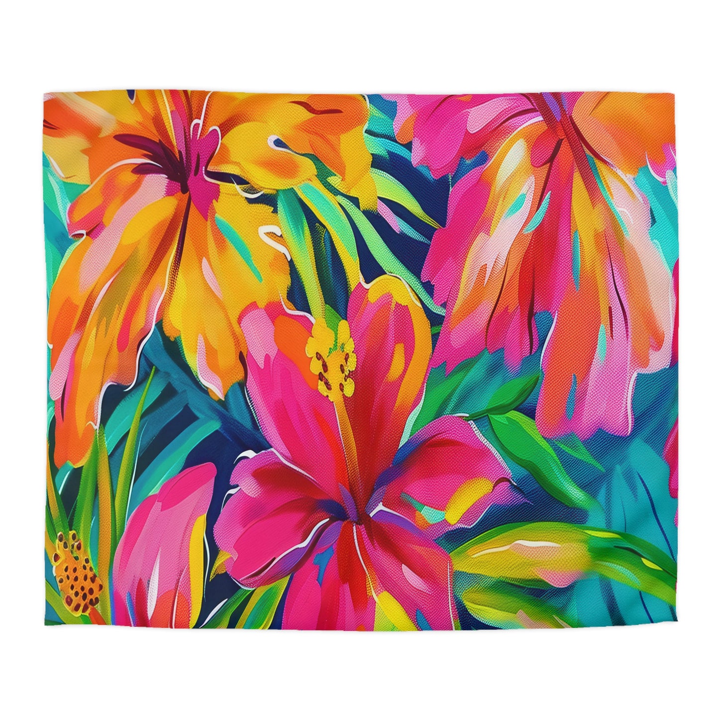 Tropical Floral Microfiber Duvet Cover - Vibrant Bedding, Boho Home Decor, Floral Print Cover, Summer Vibes, Gift for Her, Pink and Green - LOLA VEGAS ART