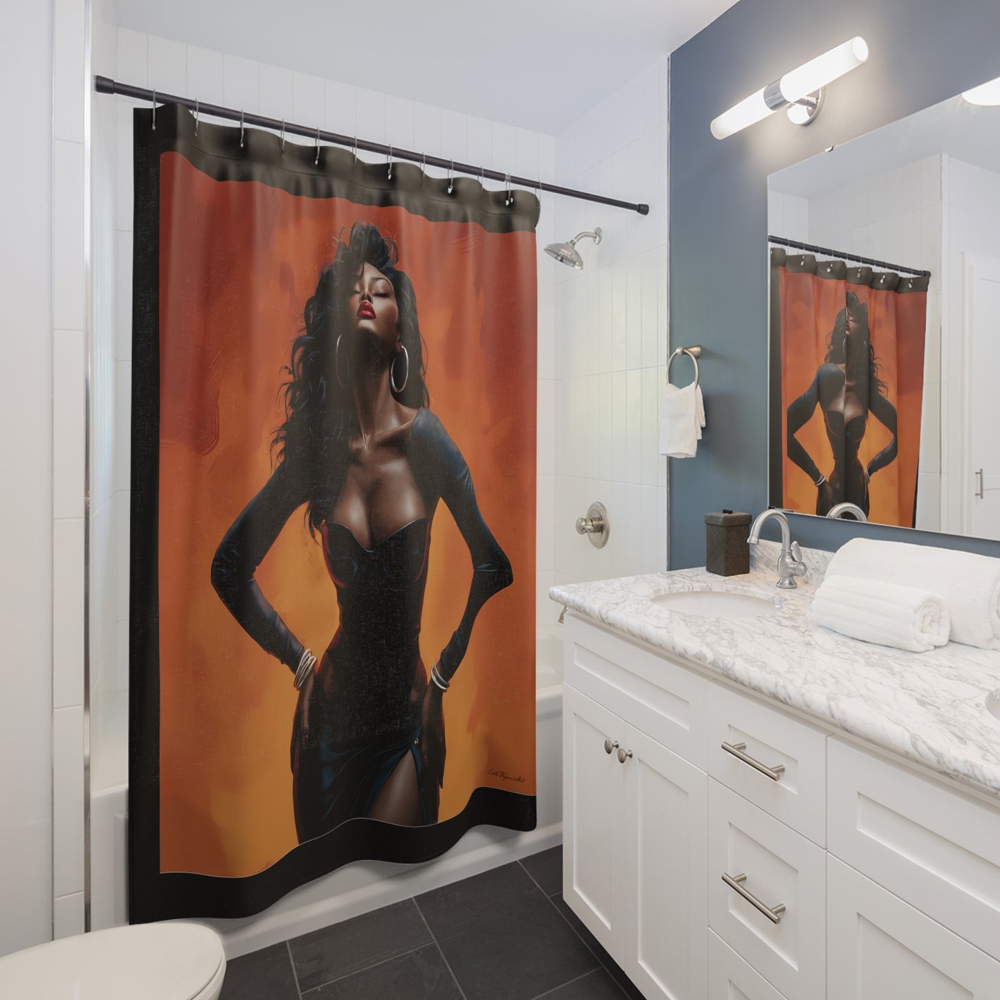 Black Sun Goddess Woman Shower Curtain - Black Girl Magic, African American Art, Bathroom Accessories, Orange Background - LOLA VEGAS ART