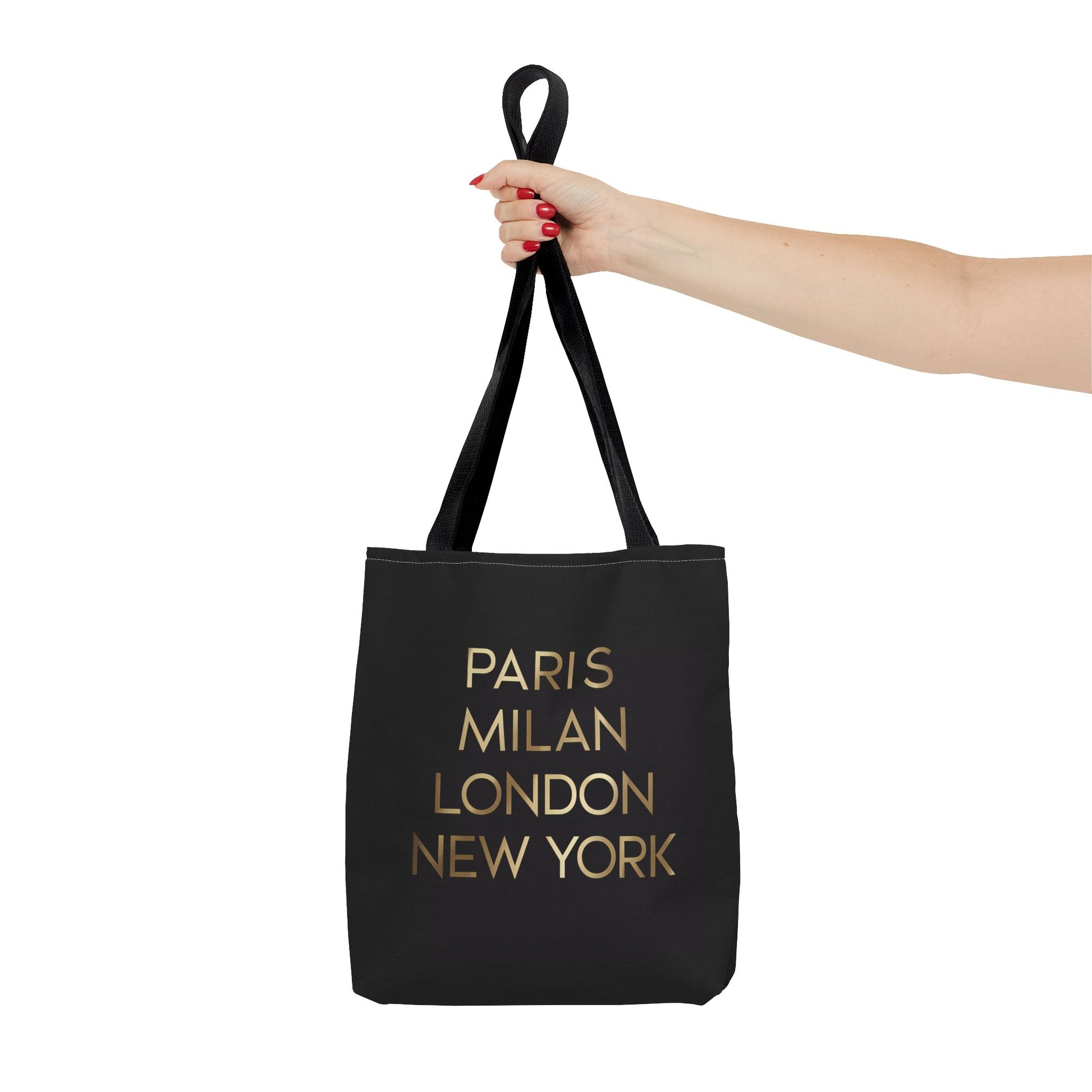 Fashionista Style Black Tote Bag - Paris Milan London New York Gold Typography, Travel Accessory, City Names, Shopping Bag, Fashion Lover - LOLA VEGAS ART