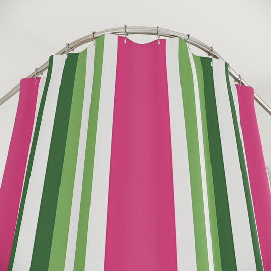 Pink and Green Striped Shower Curtain | Vertical Holiday Stripe Bathroom Decor